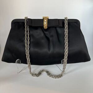 VTG Ande Black Satin Evening Bag Janette Nutley NJ Chain Clutch Purse